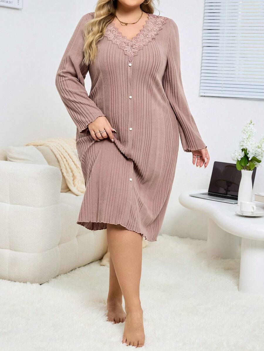 1pc Women Plus Size Flocked Ribbed Lace Patchwork Faux Stockings Long Sleeve Nightgown