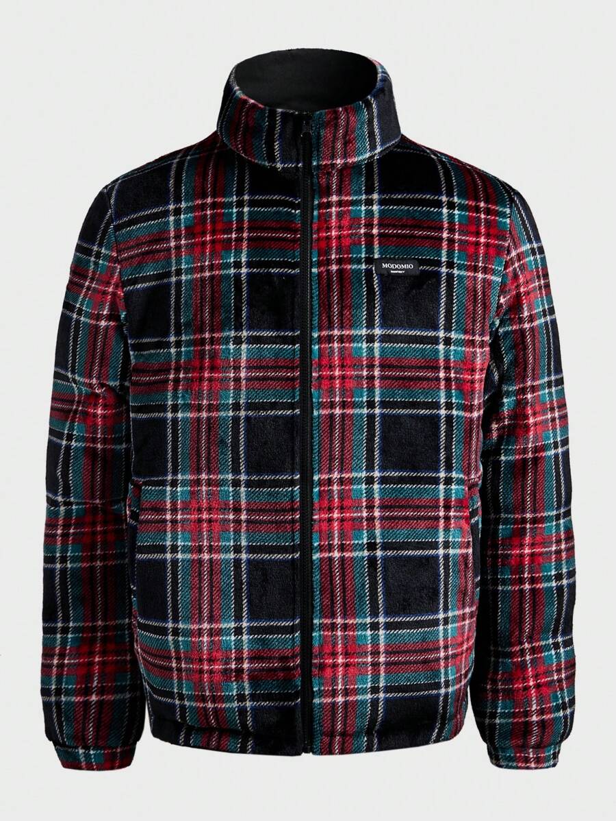 Manfinity VCAY Reversible Plaid Men Casual Collar Thickened Padded Coat, Windproof Warm Lined Coat, Fashionable Versatile Outerwear For Autumn/Winter, Christmas