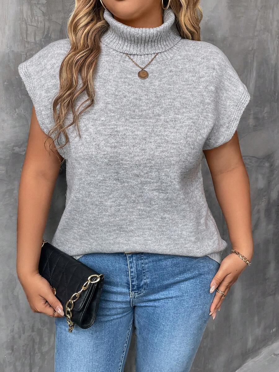 SHEIN LUNE Plus Size Women's Solid Color Mock Neck Short Sleeve Sweater, For Winter