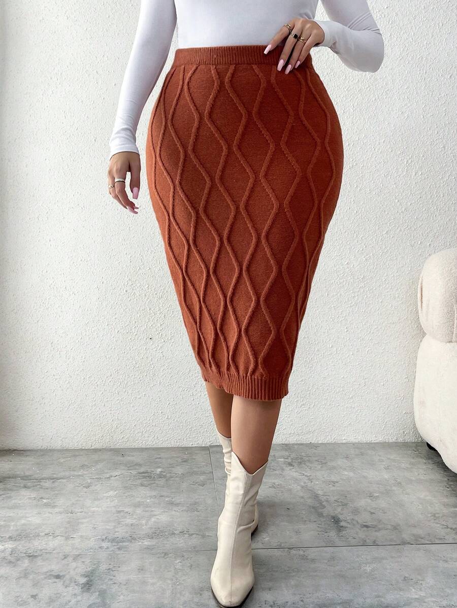 SHEIN Clasi Plus Size Women Solid Color Ribbed Knit Bodycon Skirt Set, Autumn/Winter