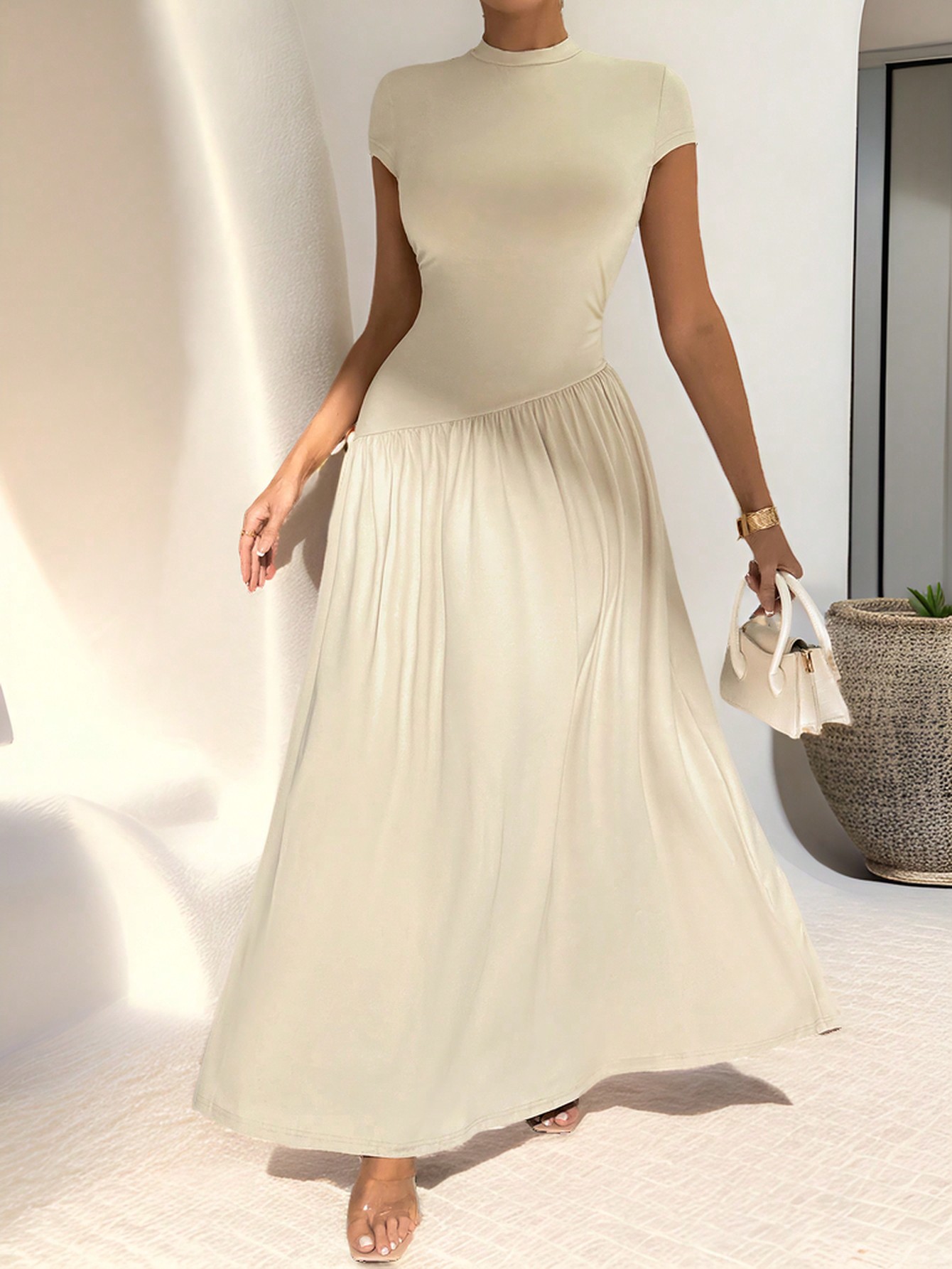 Firerie Simple Elegant Daily Wear Chic Solid Color Short Sleeve Slim Fit Stand Collar Asymmetrical A-Line Waist-Cinched Long Dress,Ladies Casual Pleated Sleeveless Stand Collar Slim Fit Long Khaki Batwing Sleeve Colorblock,Plain A Line Women Long Dresses,Spring/Summer,Casual Daily Wear,Summer Dresses For Women,Graduation,Teacher Outfits For Women,Teacher Dress