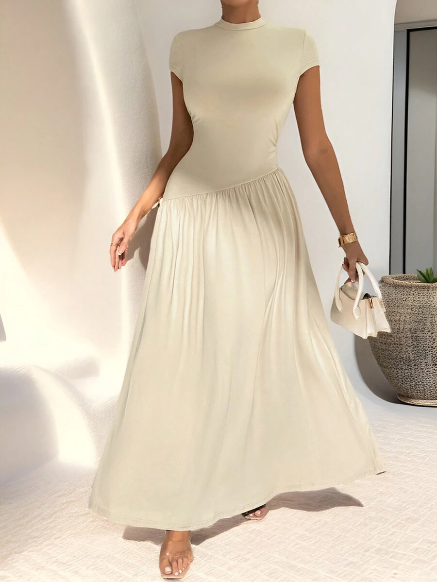 Firerie Eenvoudige elegante dagelijkse slijtage chique effen kleur korte mouw slim fit staande kraag asymmetrische A-lijn taille-getailleerde lange jurk, dames casual geplooide mouwloze staande kraag slim fit lange kaki vleermuismouw colorblock, effen A-lijn dames lange jurken, lente/zomer, casual dagelijkse slijtage
