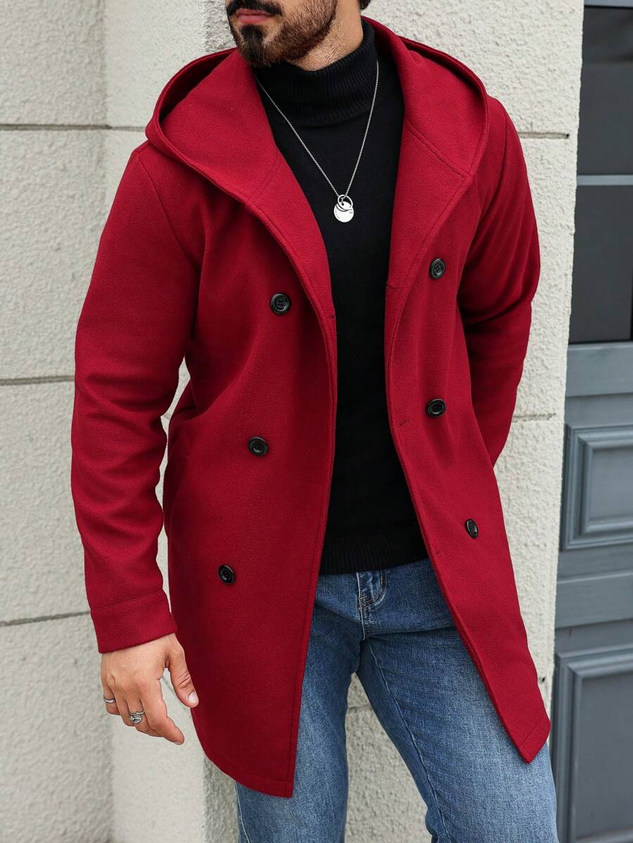 Manfinity Homme 1pc Men's Solid Color Button Front Long Sleeve Minimalist Hooded Overcoat, Casual Winter Fall Going Out Business Overcoat, For Friends, Husband, Boyfriend Gifts