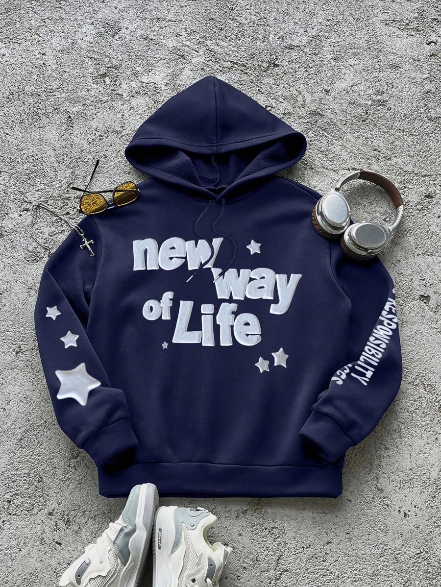 Sudadera con capucha casual de hombre con estampado de letras, manga larga, para uso diario