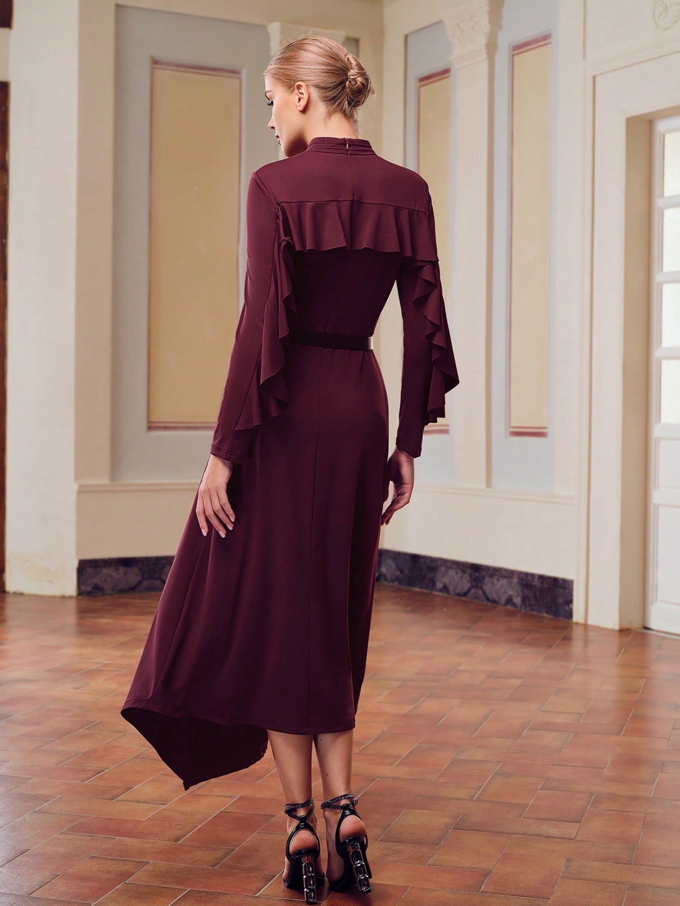 ZEYLAH SOLID MOCK NECK RUFFLE TRIM ASYMMETRICAL HEM BELTED