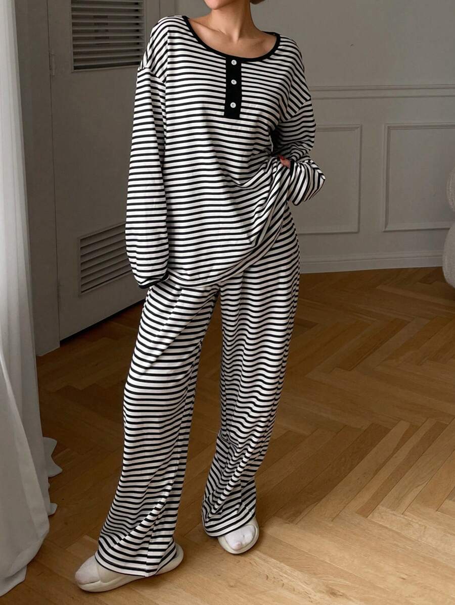 DAZY 1 conjunto Pijama casual con abertura parcial y forro térmico con estampado de rayas, de invierno