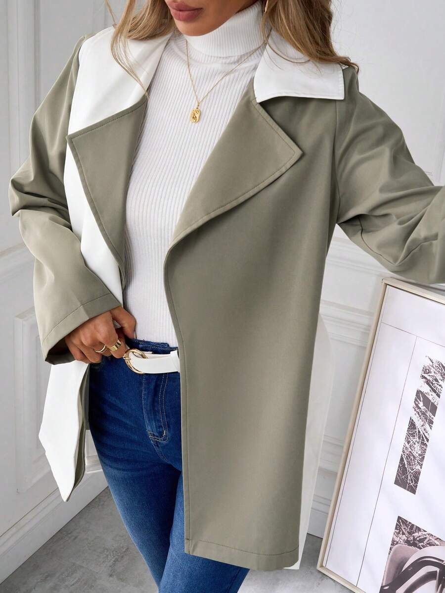 SHEIN Clasi Abrigo con cuello informal y holgado de contraste de color, de manga larga, tipo trinchera, para otoño