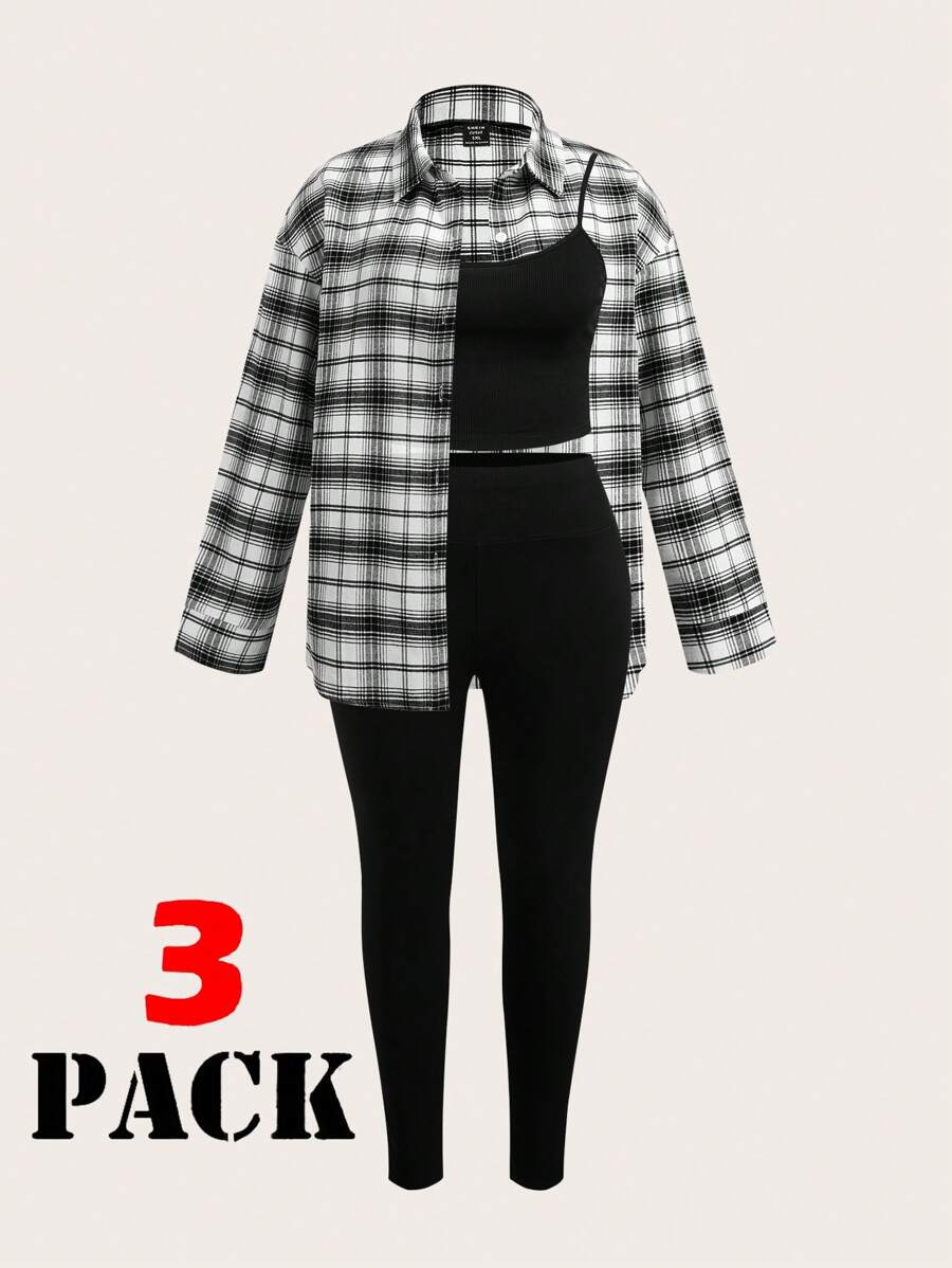 Flirla 3pcs/Set Plus Size Button Up Shirt, Camisole Tank Top And Slim Fit Pants