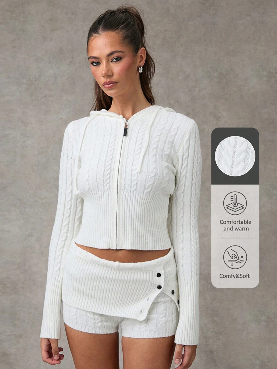 SHEIN BAE Femmes unicolore Zip à capuche Manches longues Chandail décontracté Chandail Cardigan Chandail Femmes Cardigans Femmes pull à capuche Chandails d'automne Parementure texturée Zip Cardigan femme est hypoallergénique et doux