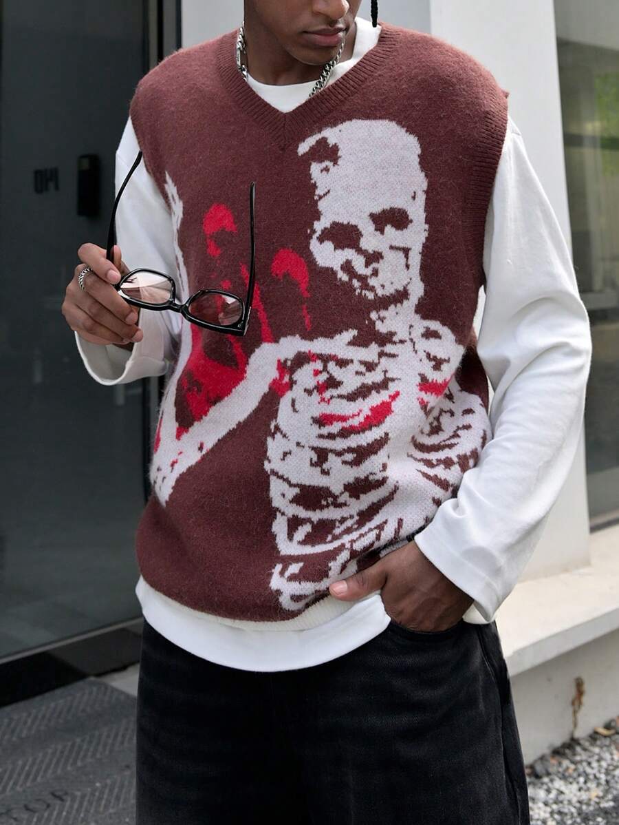 Manfinity EMRG Men's Casual Skull Pattern Knitted Sweater Vest, Spring And Autumn