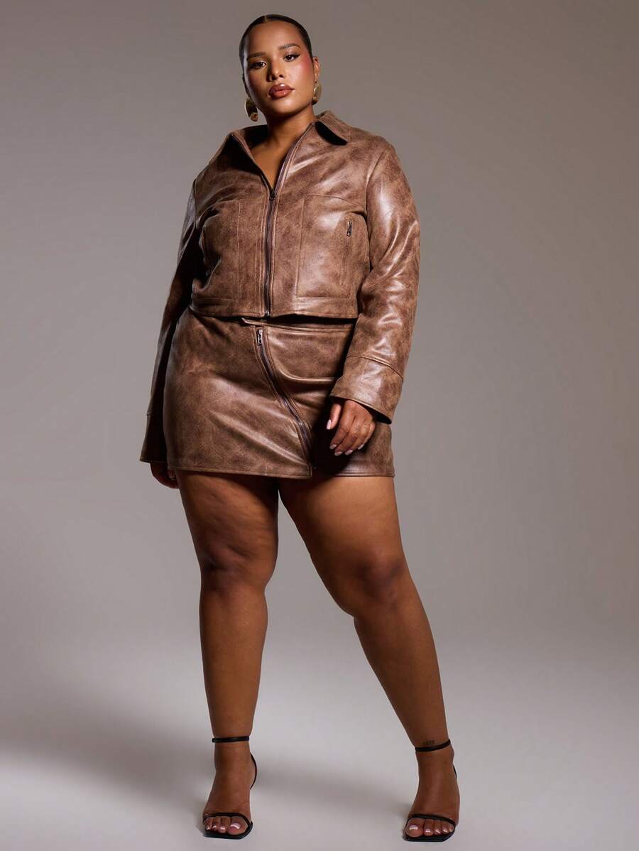 MUSERA Plus Size Faux Leather Zip Up Mini Skirt For Going Out, Sexy, Club, Party, Date Night, Vacation, Holiday, Rave, Concert, Ibiza, Festival