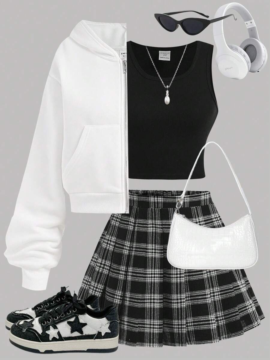 SHEIN Girlism 3pcs/Set Teen Girls Casual Outfit: White Zip-Up Hoodie, Knitted Vest, And Pleated Plaid Skirt ,Graduation Outfit Graduation Outfit.