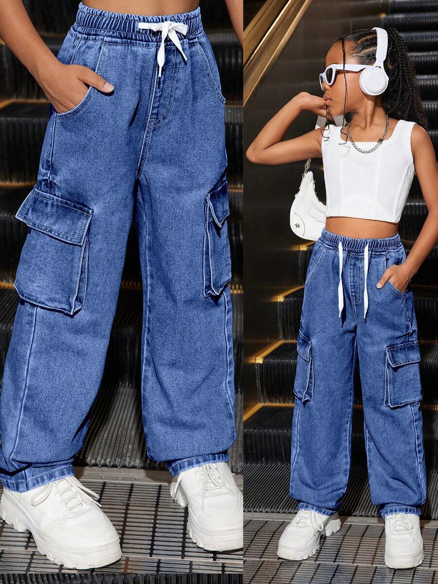 Tween-Mädchen Cooles Set aus Federmäppchen und Hose aus Denim im Used-Look