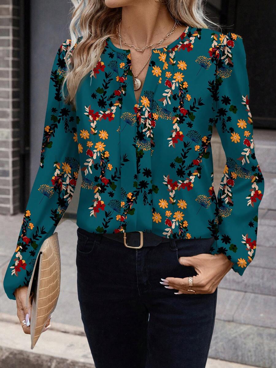 SHEIN Clasi Camisa holgada de mujer de manga larga con estampado verde retro minimalista casual, apta para otoño/invierno