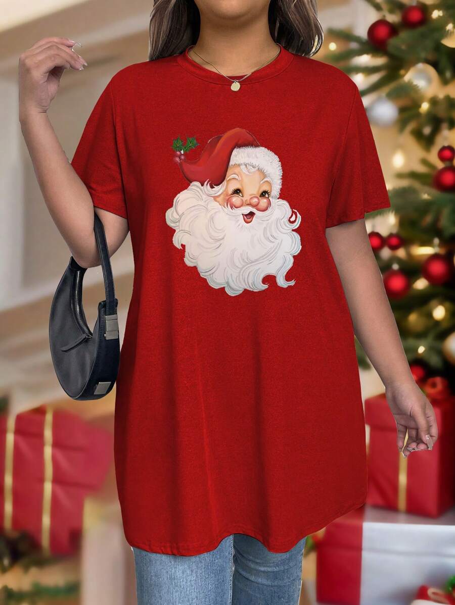 Flirla Plus Size Christmas Loose Crew Neck Dress For New Year Clothes