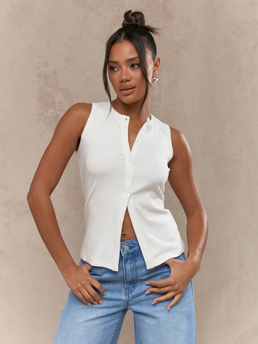 MISSGUIDED Music Festival Button Down Sleeveless Tank Top