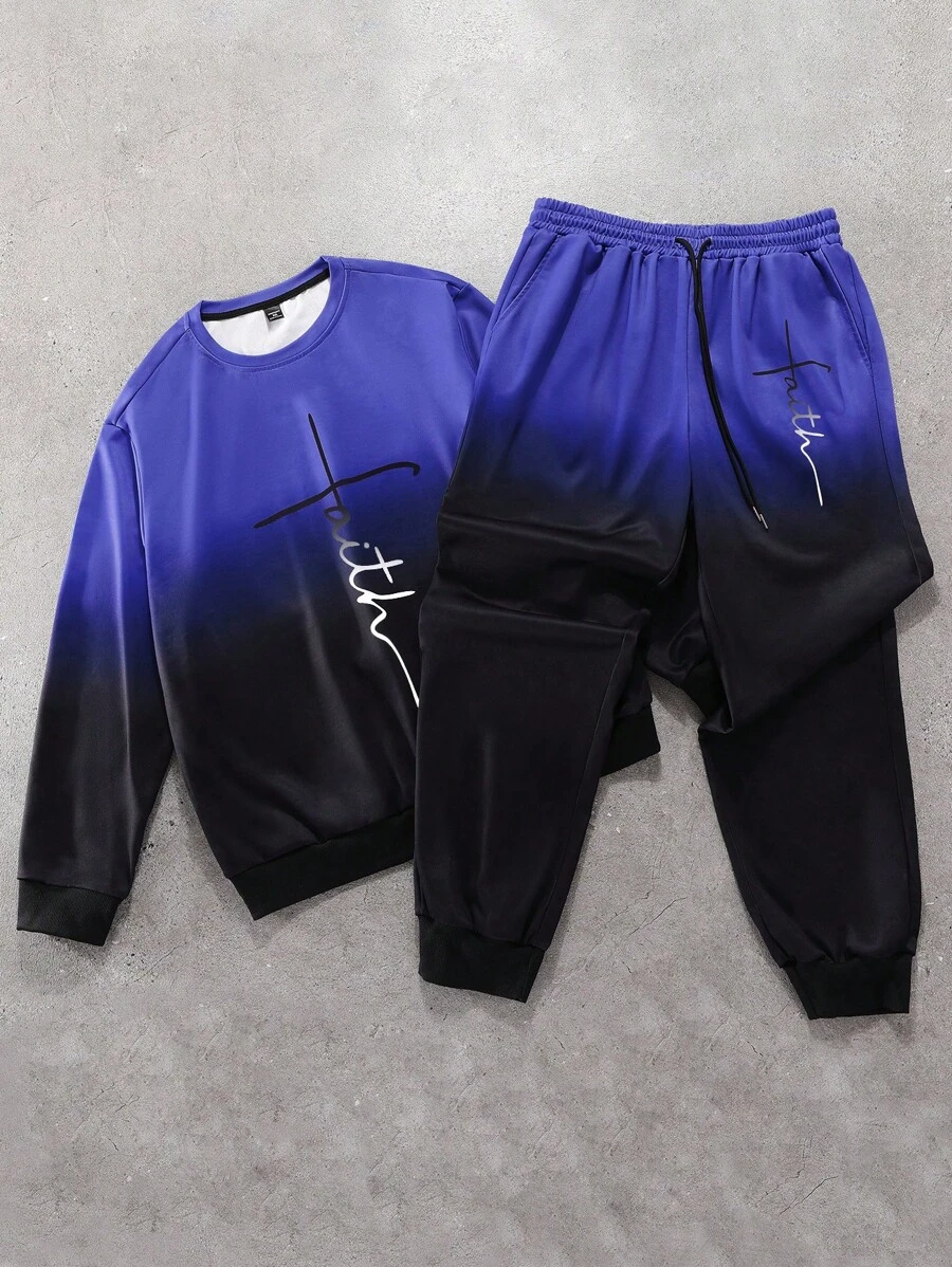 Manfinity LEGND Conjunto de 2 piezas para hombre talla grande: sudadera de cuello redondo con estampado de letras en degradé y pantalón de chándal, informal