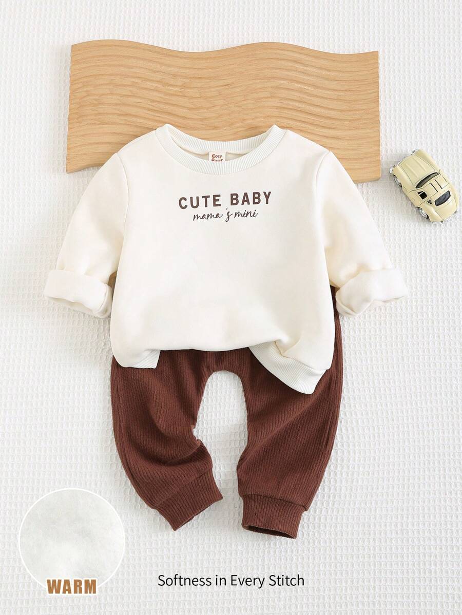 Cozy Pixies 2pcs Baby Boy Letter Print Knitted Soft Crew Neck Long Sleeve Sweater And Elastic Waist Pants Set