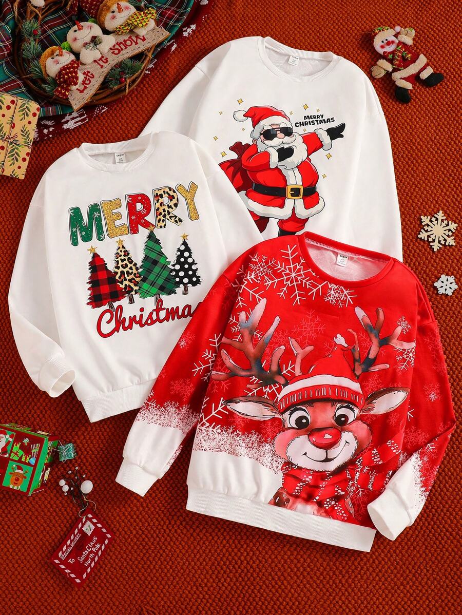SHEIN Set de 3 sudaderas informales, elegantes y con para niñas preadolescentes con estampados de árbol de Navidad, Papá Noel y renos, apropiadas para otoño e invierno, para la escuela, viajes y salidas
