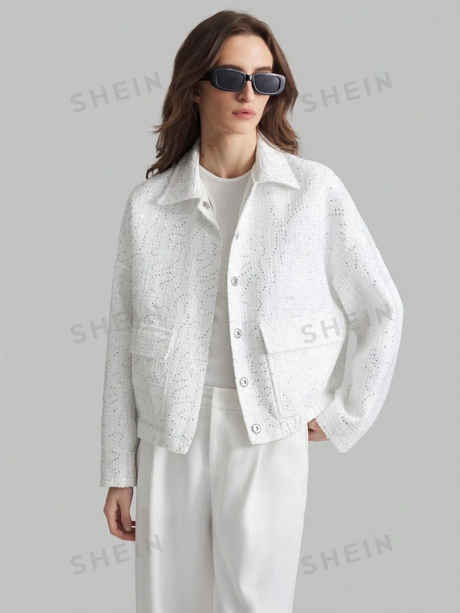 Ontre 1 pieza Elegante chaqueta bomber de boucle blanca con decoración de perlas para invierno