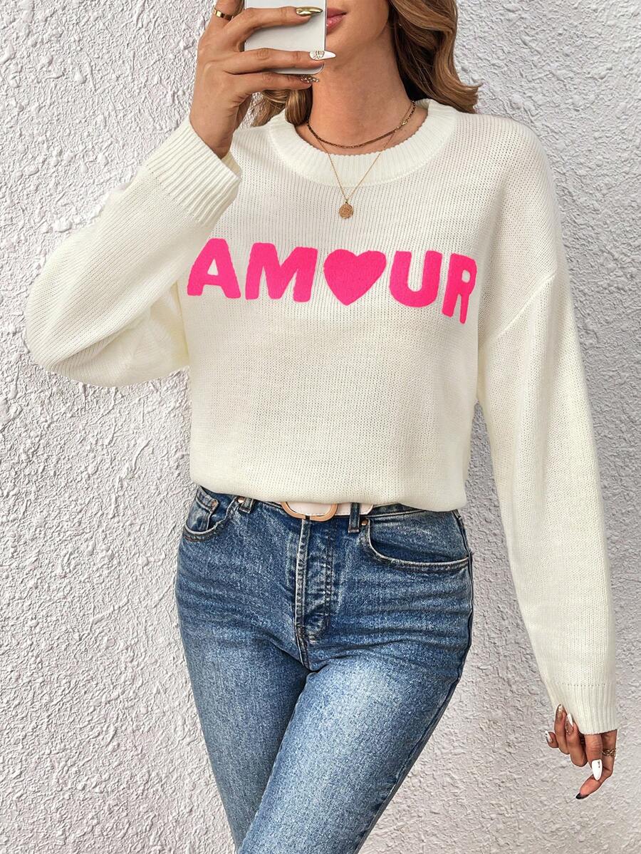 SHEIN Frenchy Suéter de estilo casual con diseño de letra y corazón de hombro caído