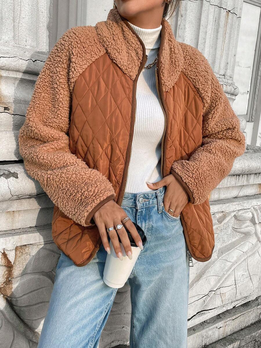 SHEIN LUNE Khaki Women Casual Fluffy Splice Pockets Jacket Basic Outerwear For Autumn/Winter