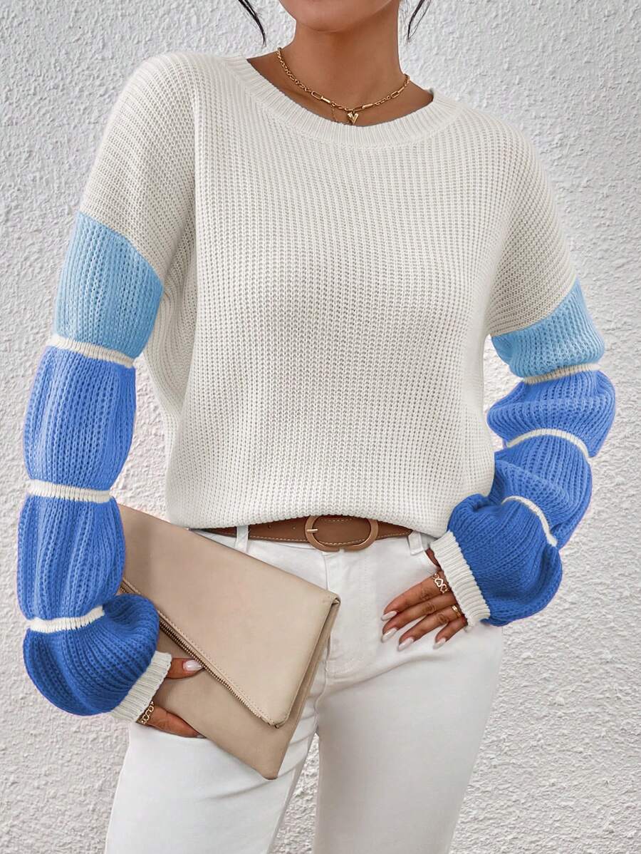 SHEIN Essnce Autumn/Winter Casual Contrast Color Dropped Shoulder Loose Knitted Sweater
