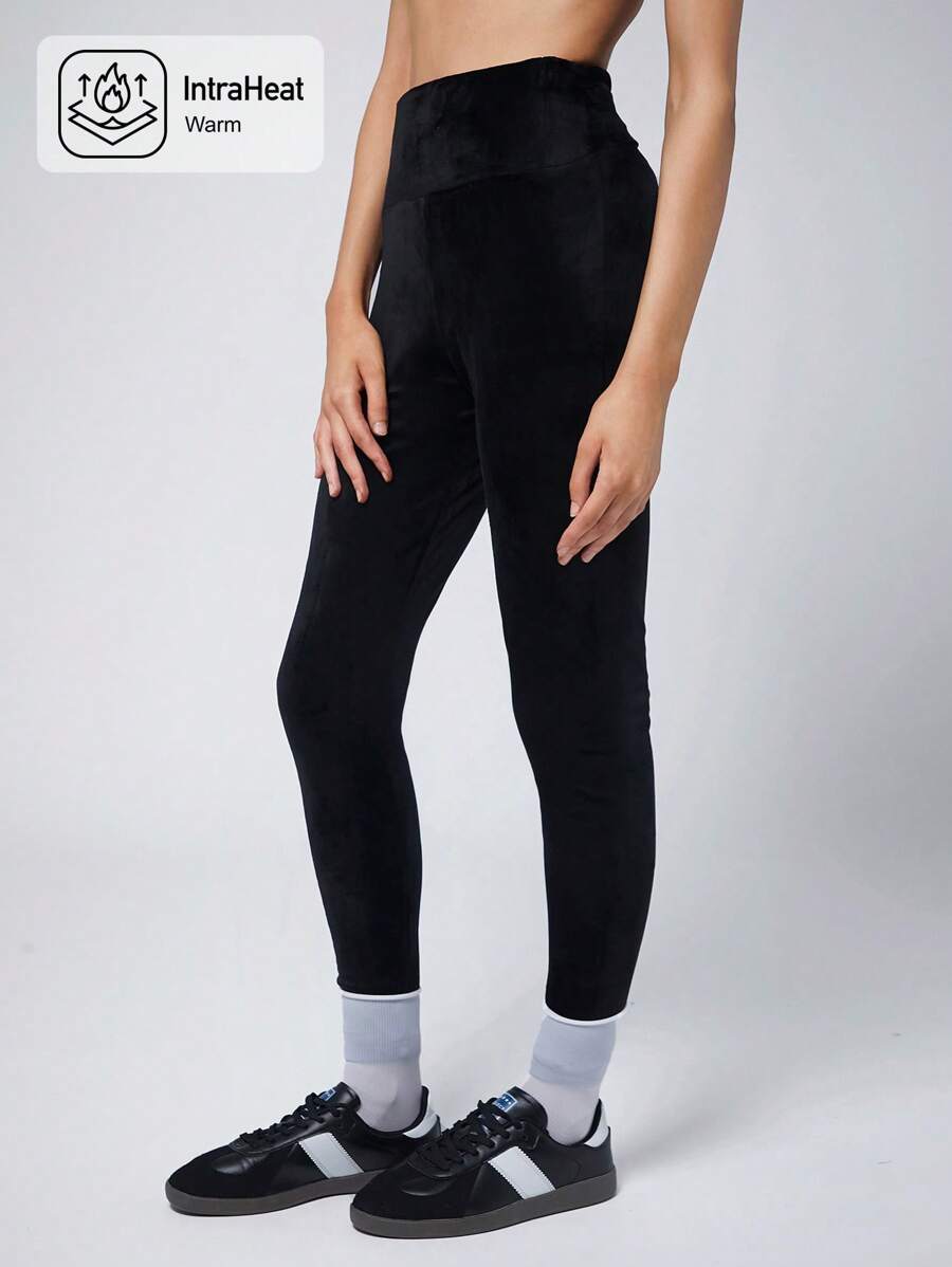 SHEIN EZwear Legging long en velours noir taille haute tout-assorti pour femmes, automne/hiver