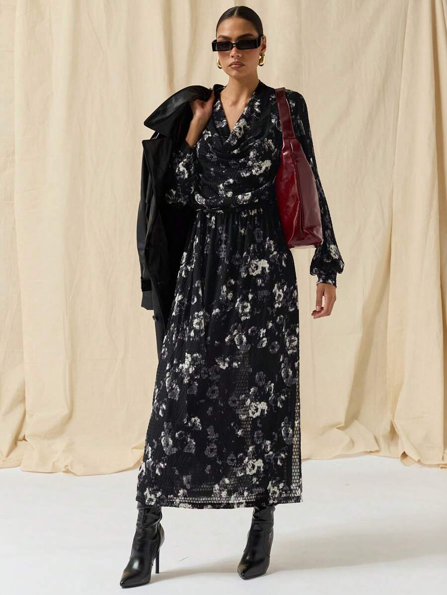 COSMINA Autumn/Winter Women All-Over Print V-Neck Long Sleeve Long Dress