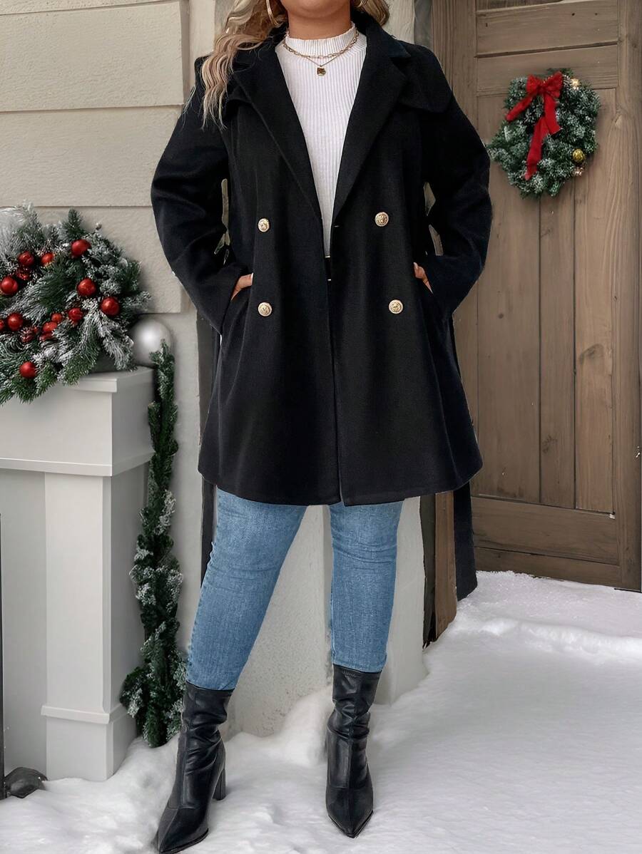 SHEIN LUNE Plus Size Solid Color Long Sleeve Front Button Waist Tie Lapel Collar Jacket, Casual Daily