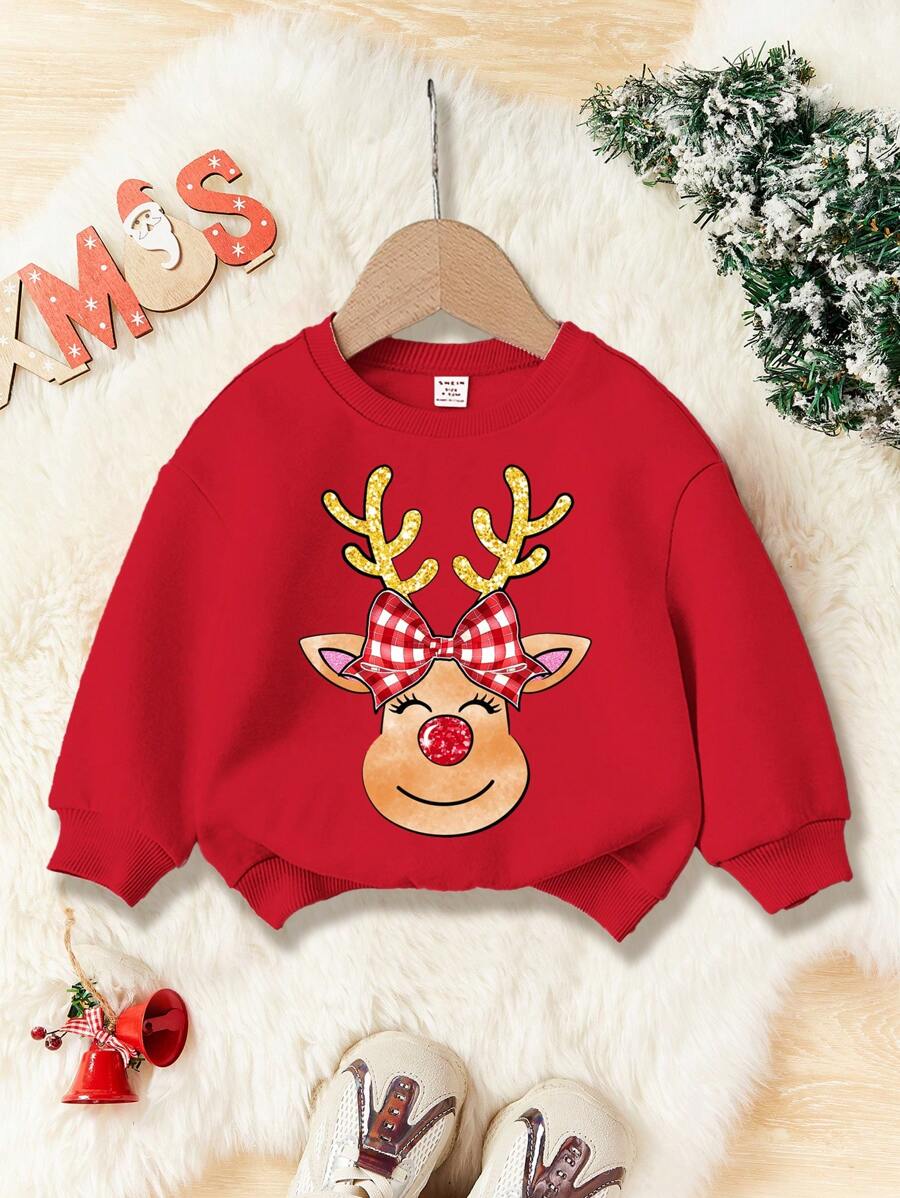 SHEIN Christmas, Cute Deer Graphic, Young Girls Casual Comfortable Thick Long Sleeve Knitted Sweatshirt Pullover, Suitable For Autumn/Winter