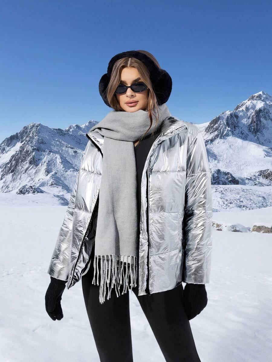 SHEIN EZwear Silver Women's Loose Fit Long Sleeve Zip-Up Stand Collar Padded Coat
