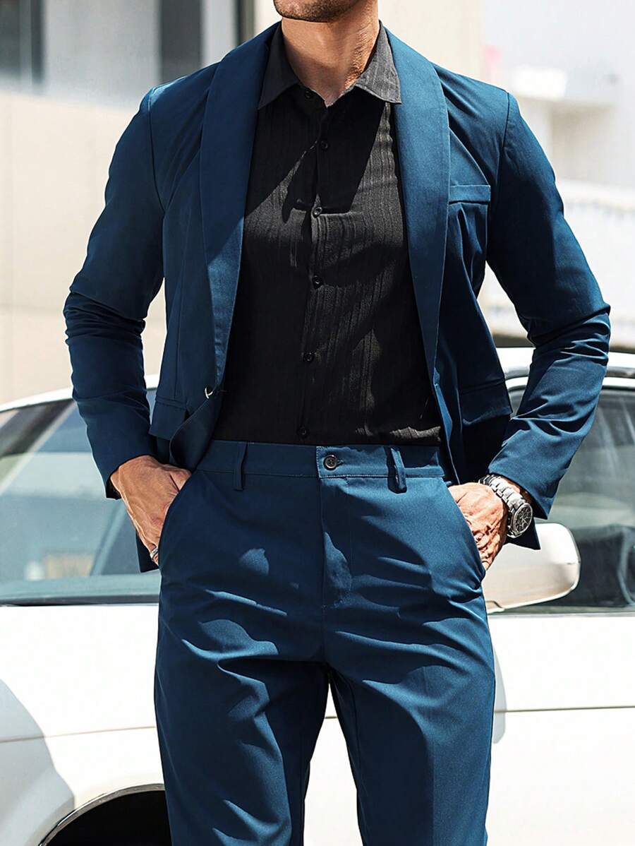 Manfinity Bizformal Men's Plain One Button Long Sleeve Blazer Jacket And Pocket Suit Pants Formal Casual Suit Set