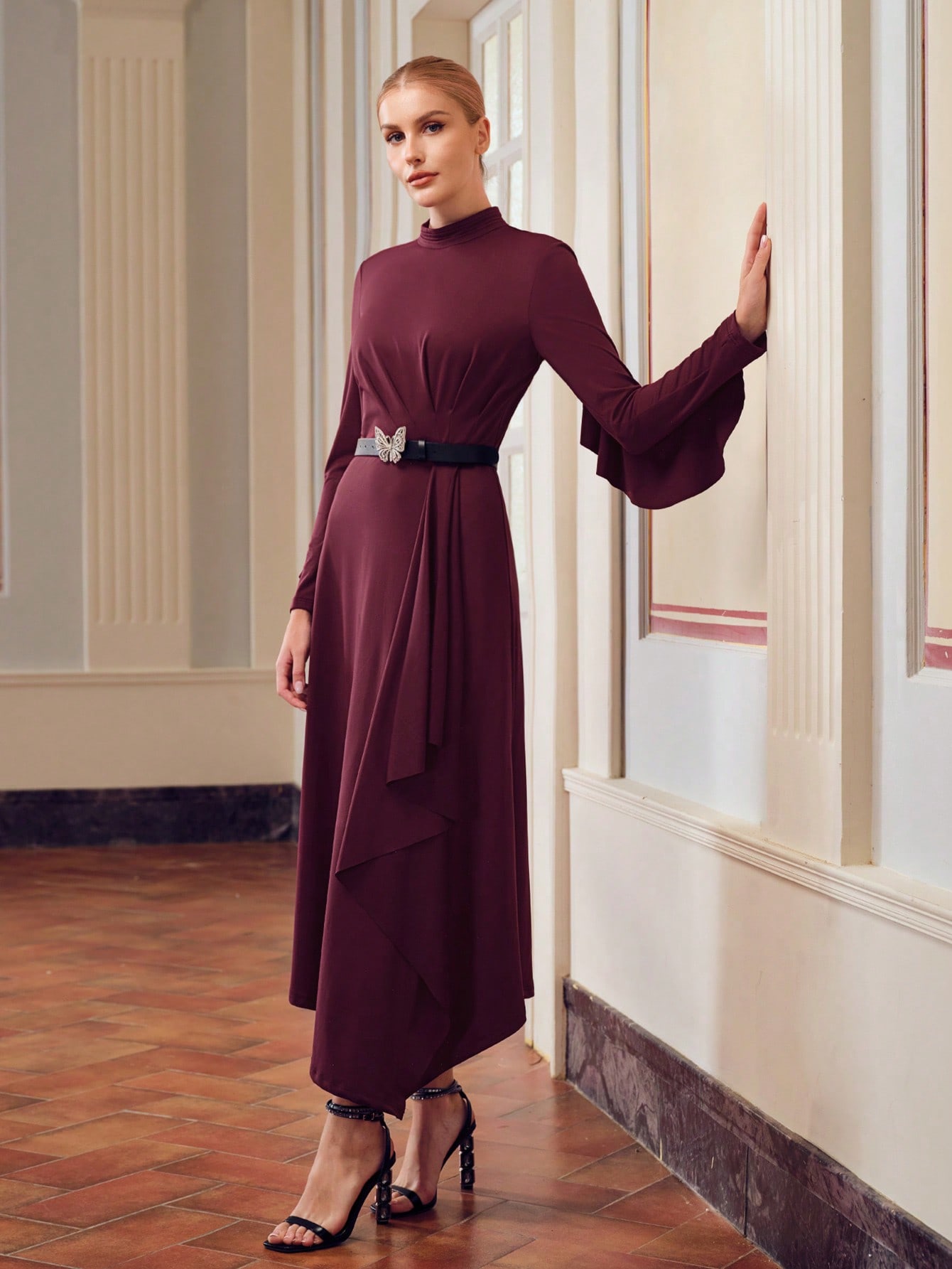 ZEYLAH SOLID MOCK NECK RUFFLE TRIM ASYMMETRICAL HEM BELTED