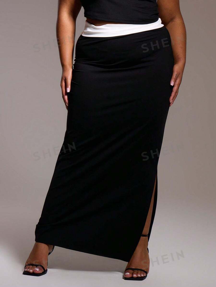 MUSERA Falda maxi con dobladillo plegable y contraste, solo para citas, vacaciones de primavera, verano, vacaciones, salir, Ibiza romántica, días festivos, tallas grandes