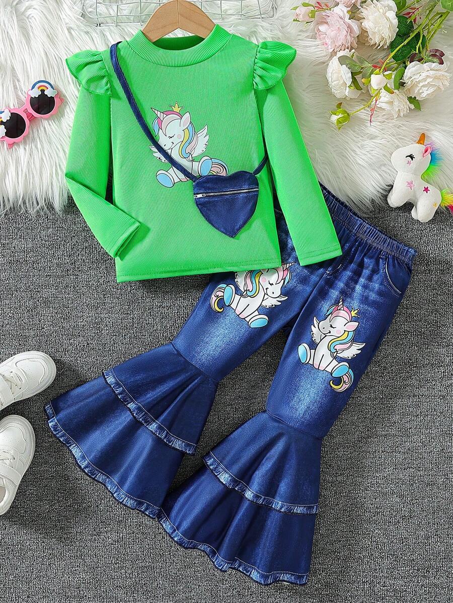 SHEIN 3pcs/Set Little Girls Autumn Fashionable Cute Unicorn Print Ruffle Long Sleeve T-Shirt Top + Flare Pants + Heart Sling Bag