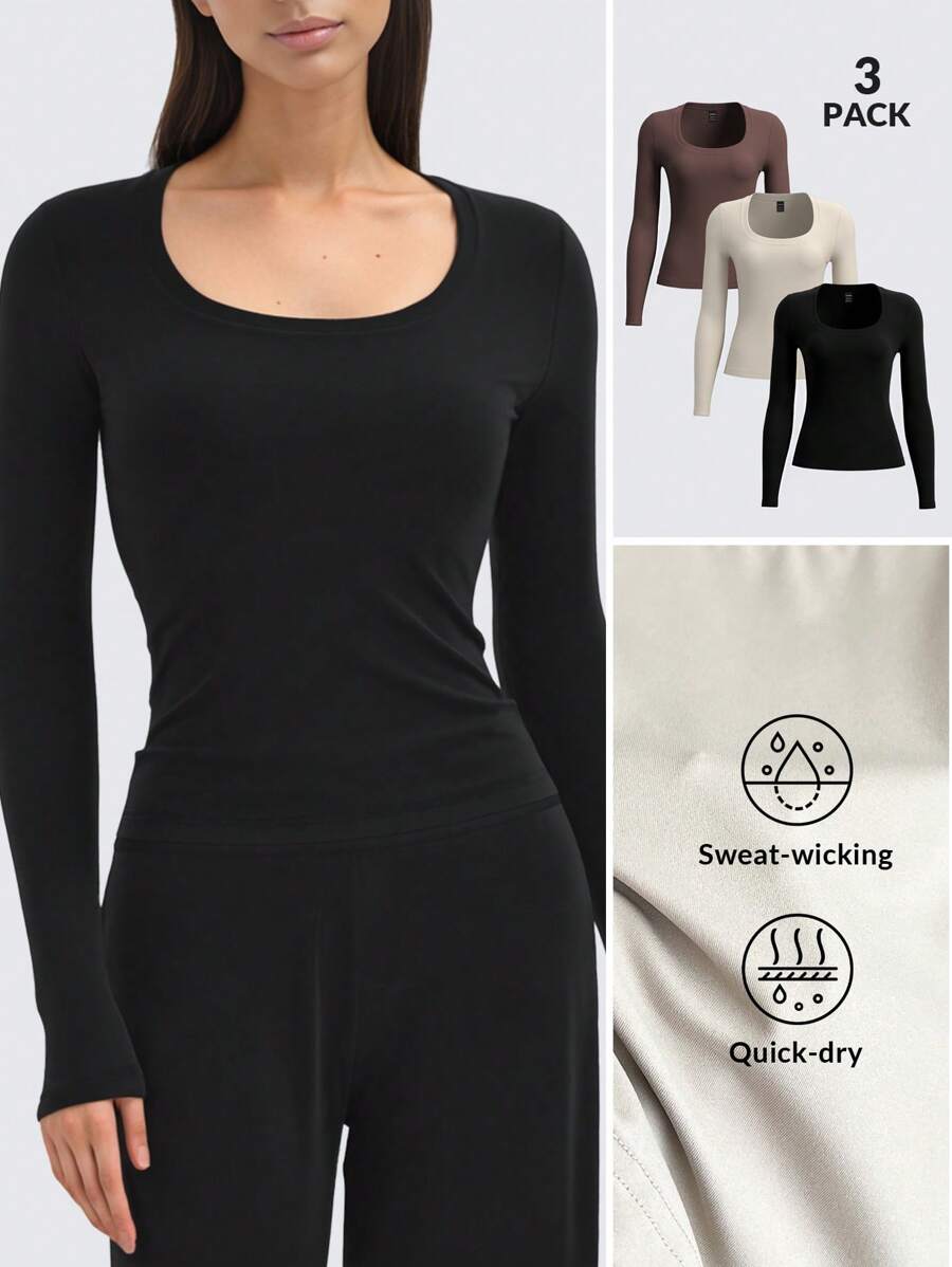 SHEIN BASICS 3 stuks/set dames casual effen kleur geribbelde ronde hals slim fit lange mouwen T-shirts