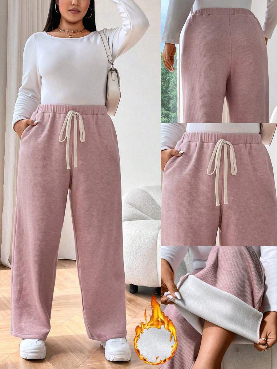 Flirla Plus Size Solid Color Thermal Lined Casual Pants For Fall/Winter