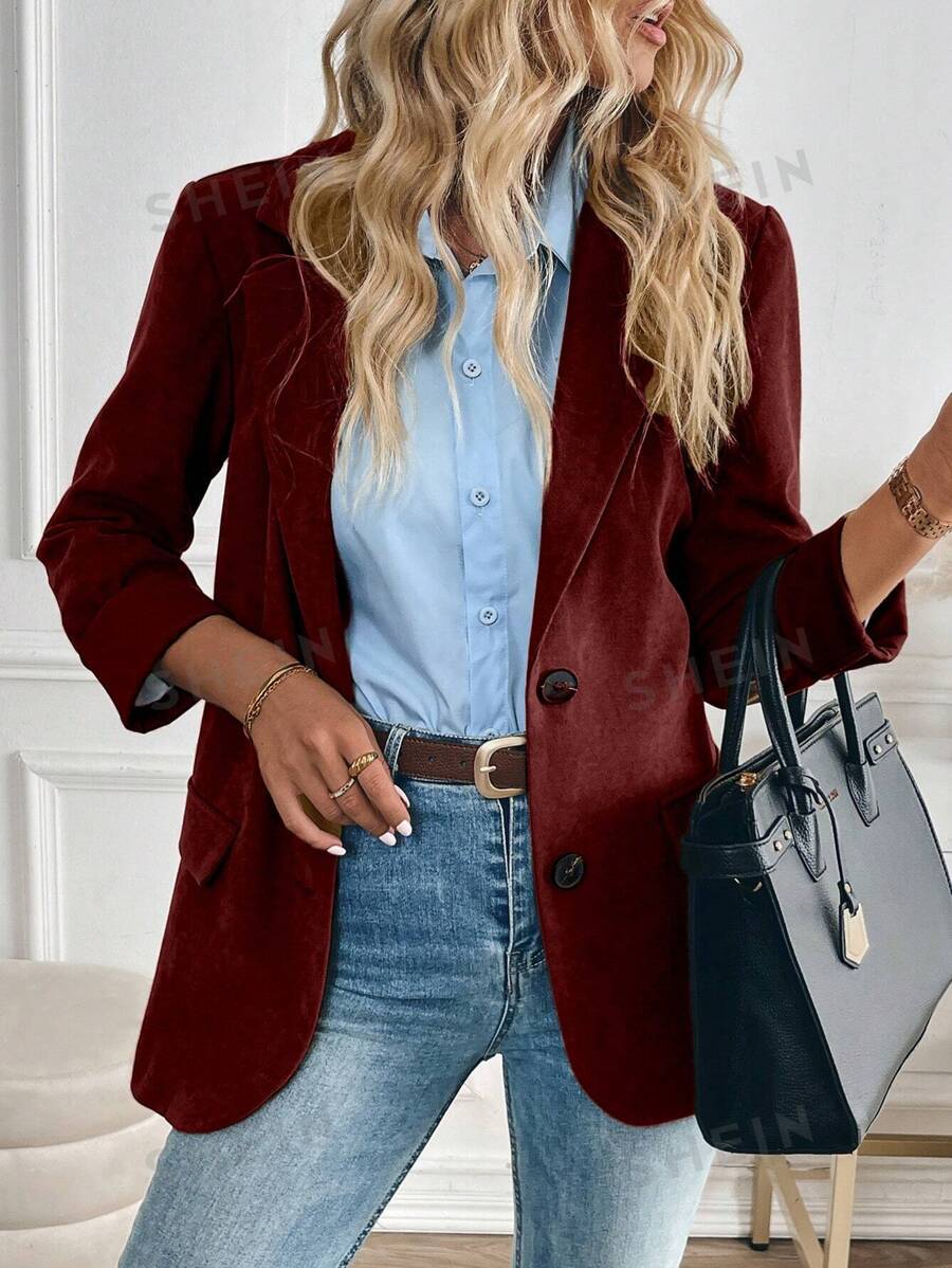 SHEIN Clasi Chaqueta de traje con cuello solapa y decoración de bolsillo falso en color marrón