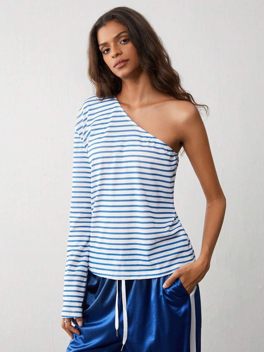 Flirla 1pc Women Blue Stripe Asymmetric One Shoulder Top, Minimalist Design, Autumn/Winter