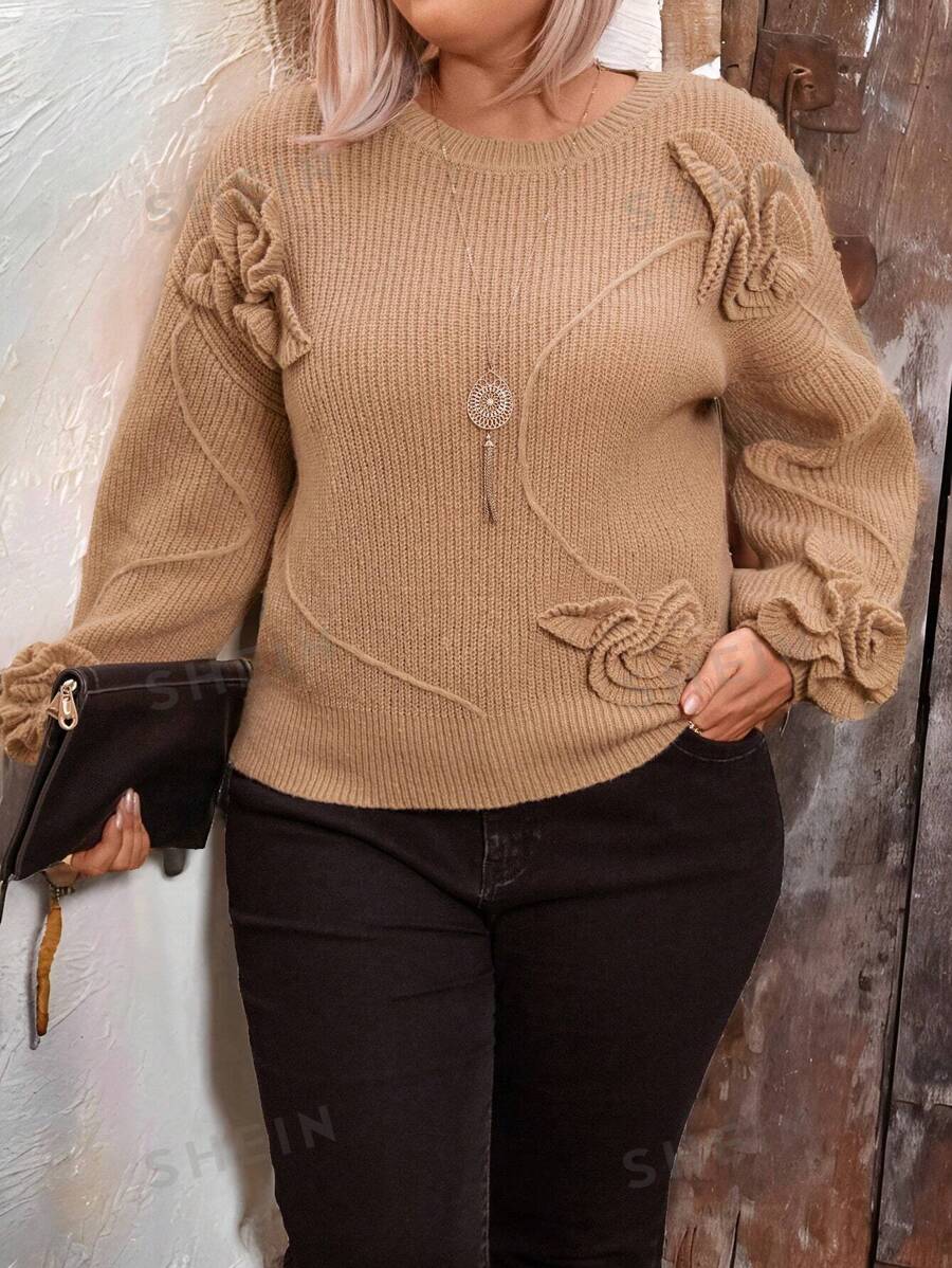 Suéter de punto casual de talla grande con decoración floral 3D