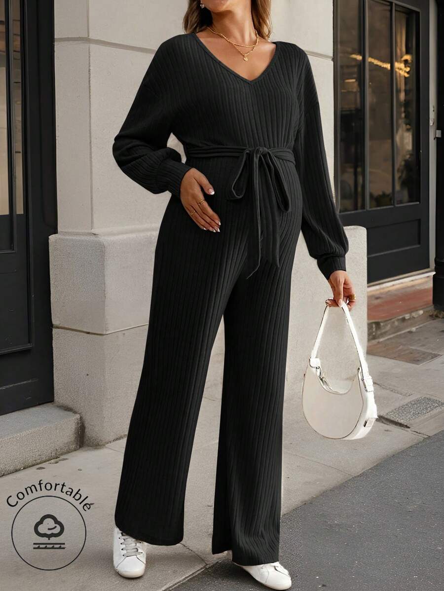 SHEIN Combinaison à manches longues pour femmes enceintes, col en V côtelé torsadé, couleur unie, pour la maternité
