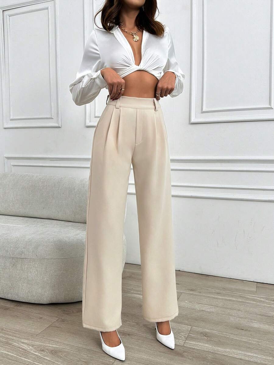 SHEIN Pantalon large taille haute couleur unie pour femmes