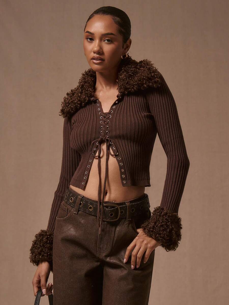 MUSERA Fluffy Lace Up gebreide cardigan