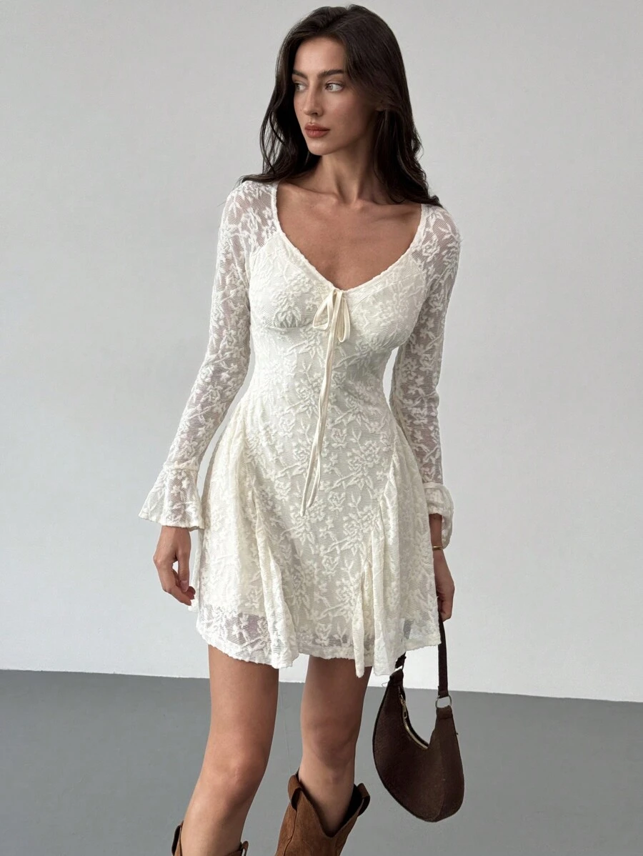 Aloruh Vestido de línea A de mujer con mangas abombadas y nudo delantero, de tela texturizada
