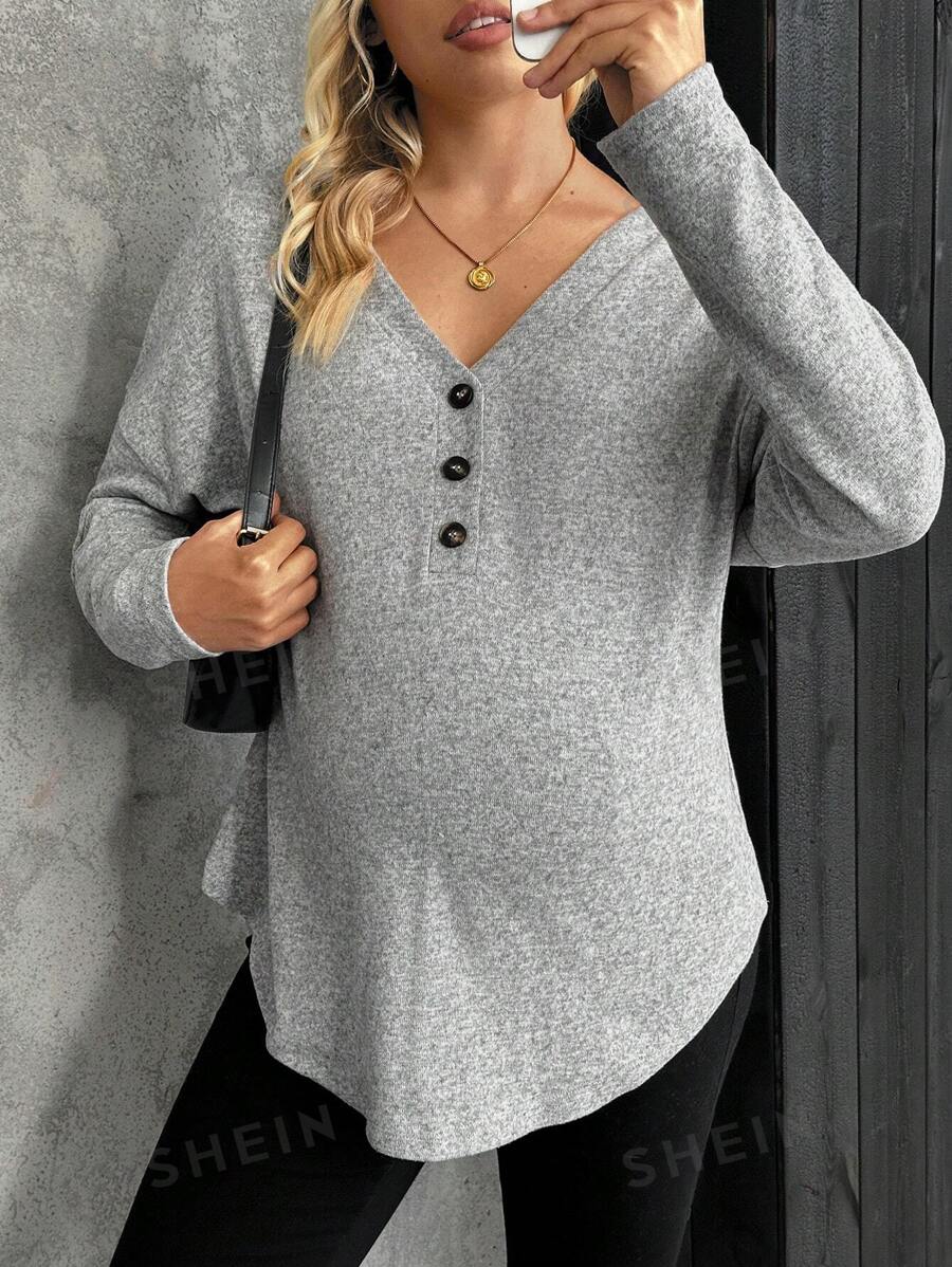 SHEIN Camiseta casual de manga larga de botones y media solapa en unicolor para maternidad, otoño/invierno