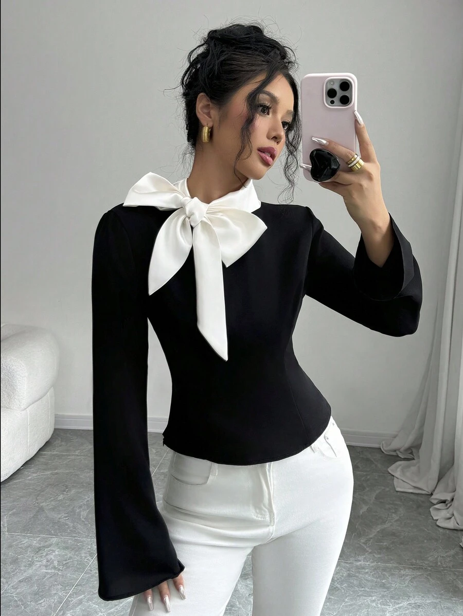 Elenzga 1pc Women's Black Bowknot Bell Sleeve Blouse Women Shirt