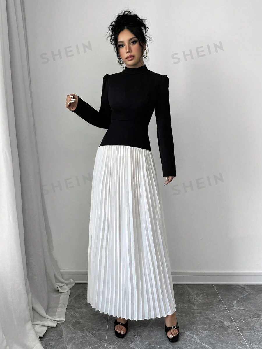 Elenzga Vestido plisado elegante con cuello alto y inserción para mujer, para otoño