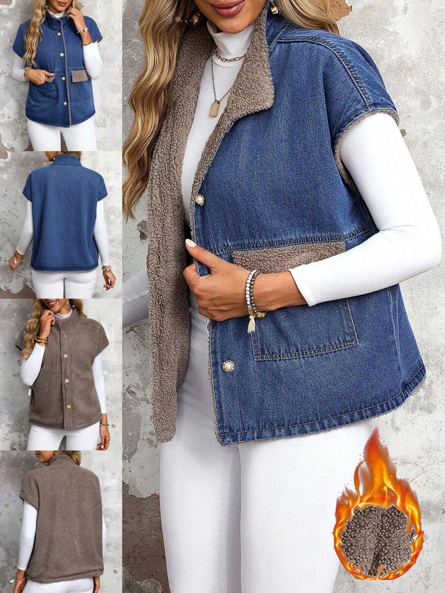 SHEIN LUNE Women's Reversible Loose Fit Denim Vest Jacket For Fall & Winter Thickened Denim