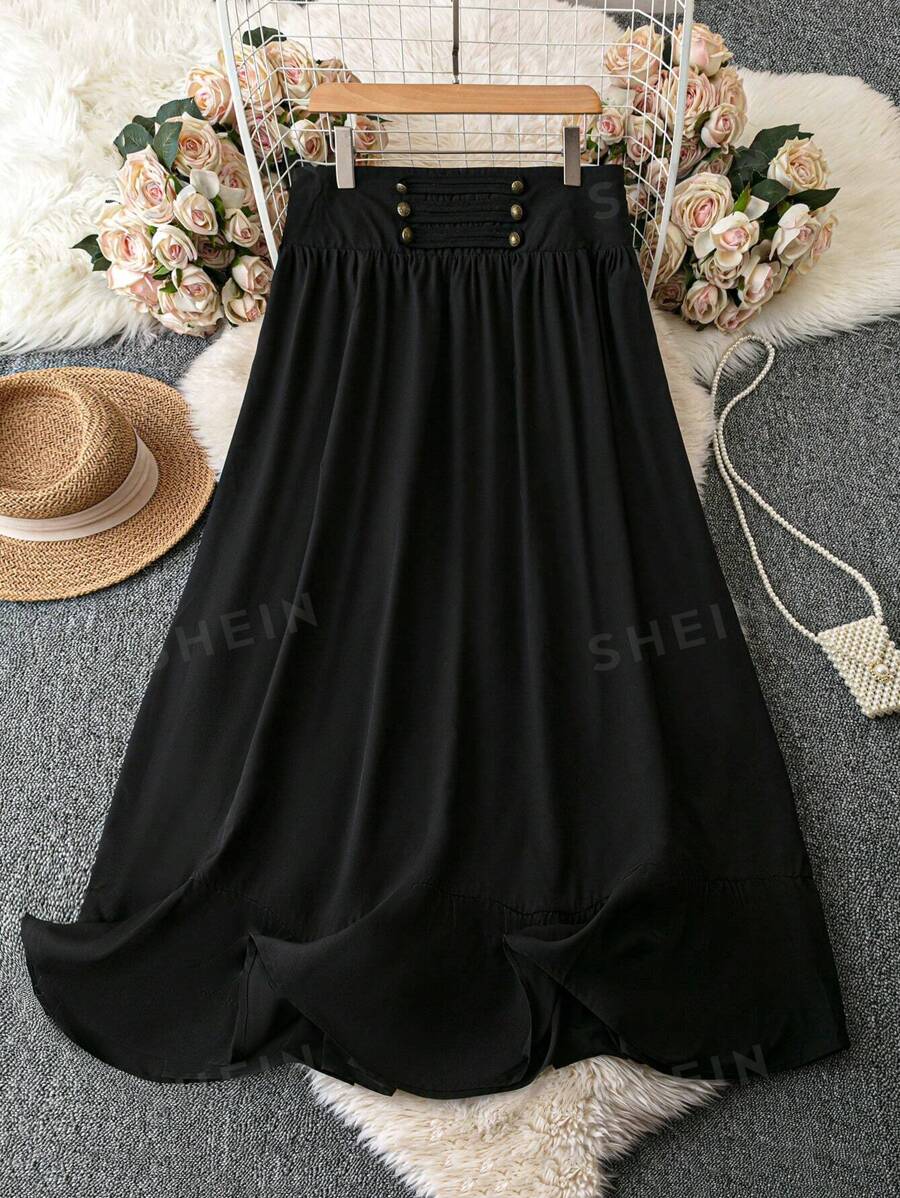 SHEIN Clasi Falda A-Line de talla grande para mujer con cintura alta y decoración de remaches de bronce